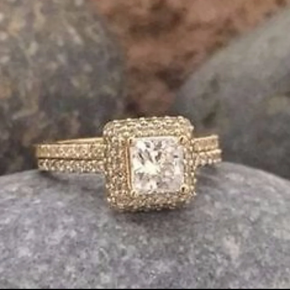 New Solid 14K Yellow Gold Princess Cut Engagement Bridal Ring band 2pc set